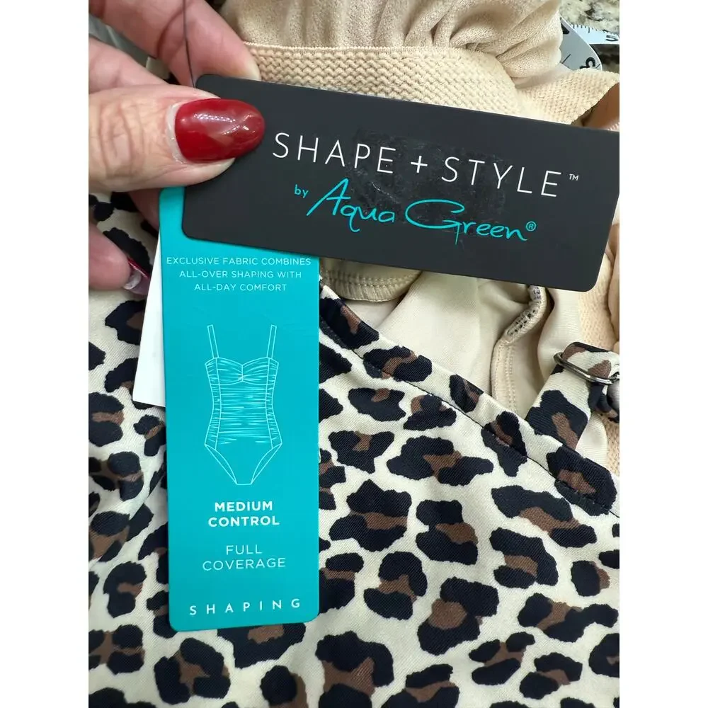 Shape + Style Aqua Green 10 leopard V neck ruched front one piece swimsuit NWT